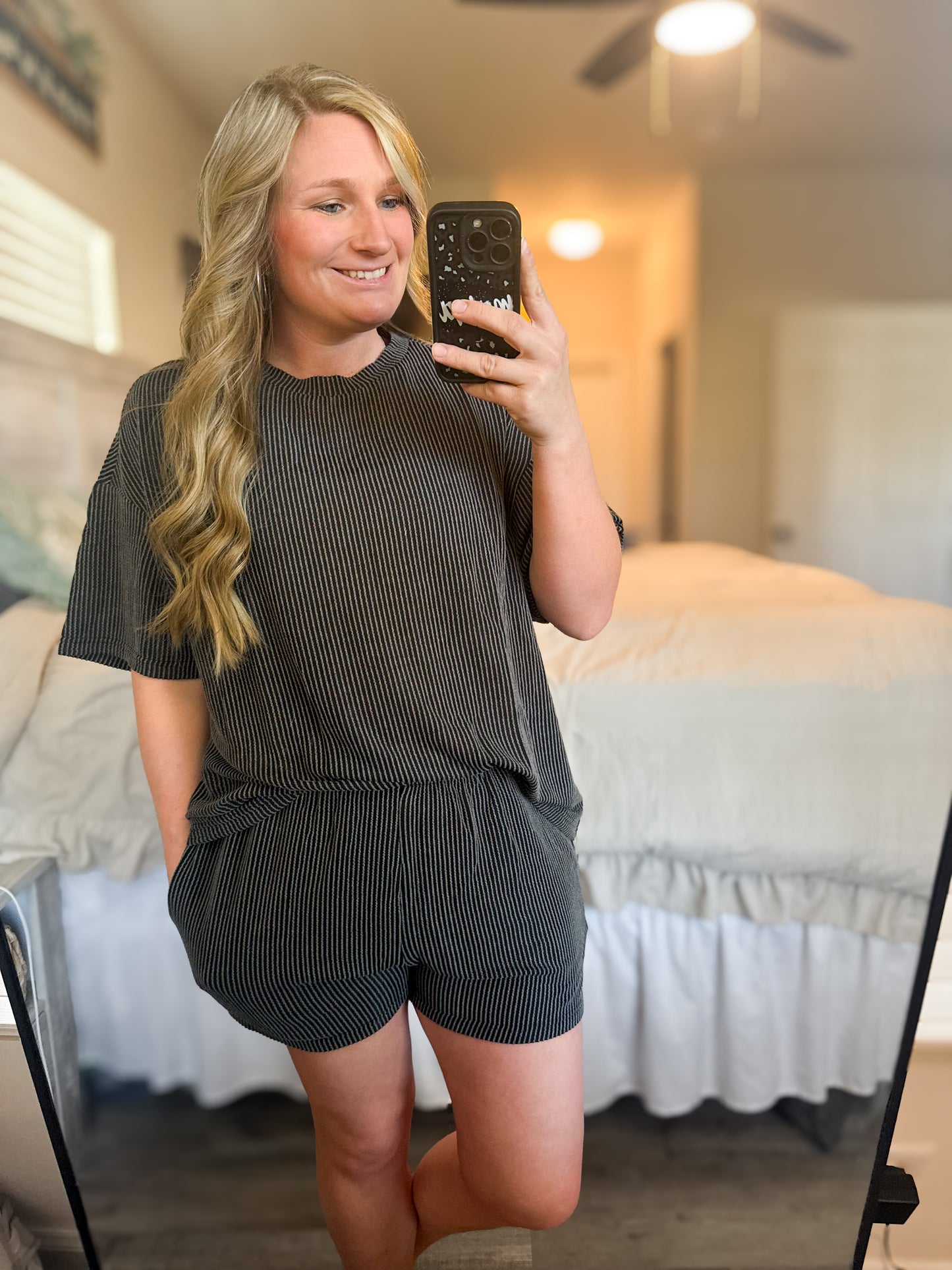 The Everyday Ribbed Textured Knit Shirt and Shorts Set - Charcoal