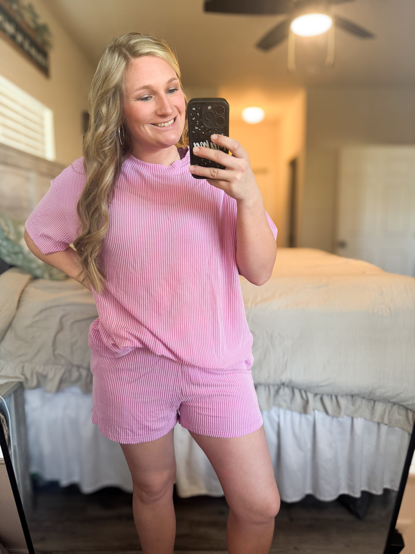 The Everyday Ribbed Textured Knit Shirt and Shorts Set - Pink