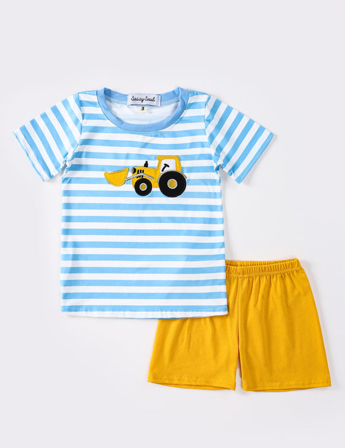 Blue Striped Tractor Applique Short Set