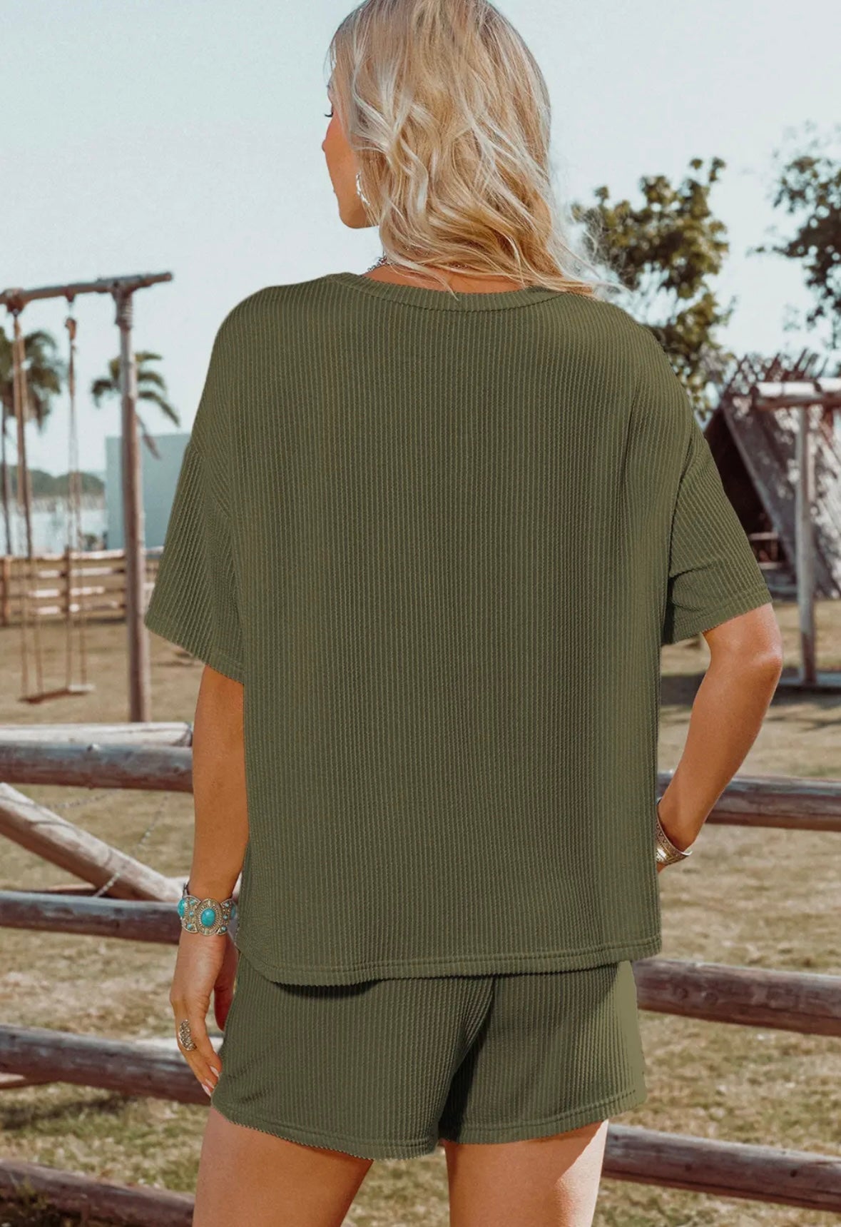 The Everyday Ribbed Textured Knit Shirt and Shorts Set - Olive