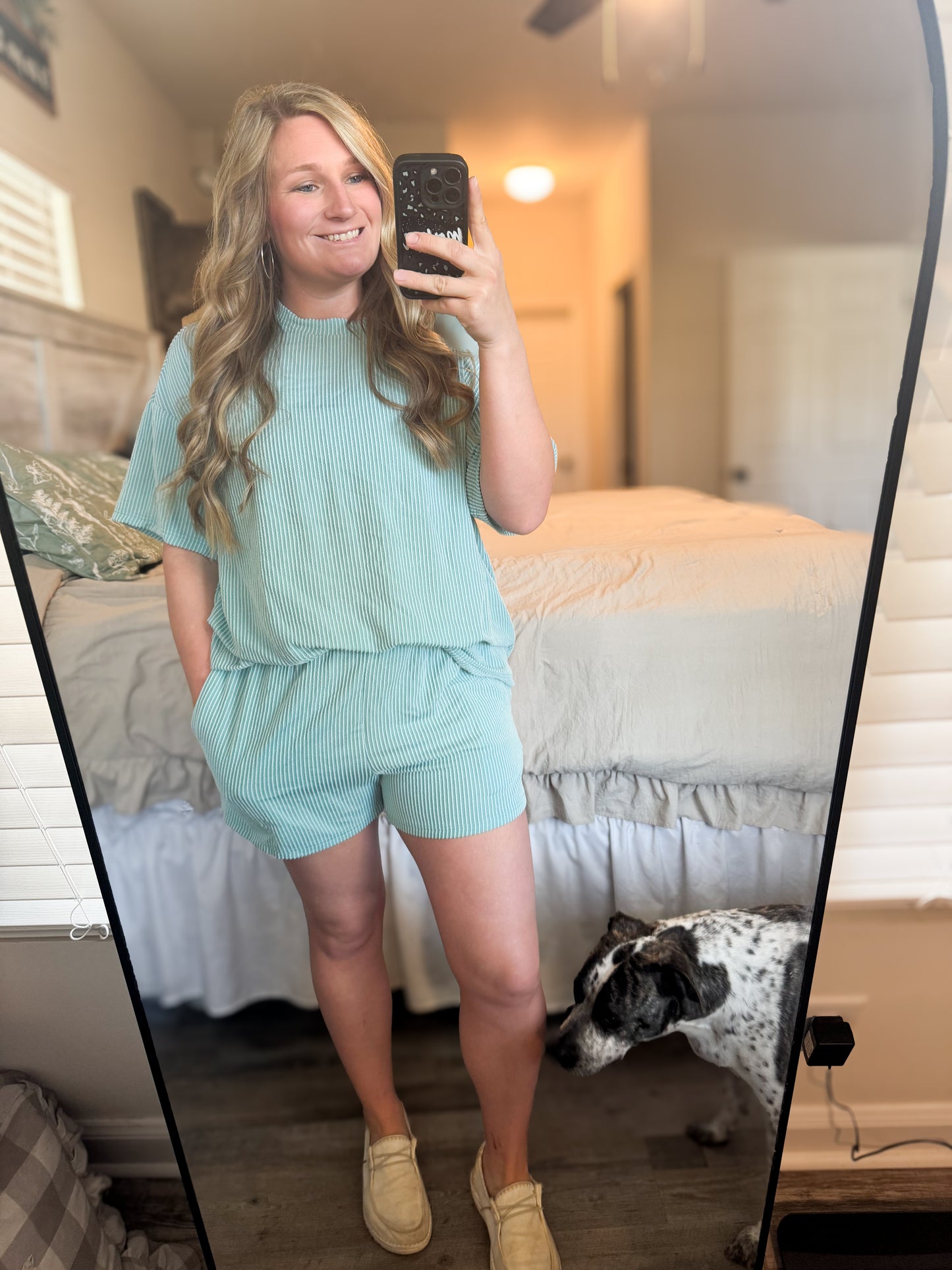 The Everyday Ribbed Textured Knit Shirt and Shorts Set - Teal