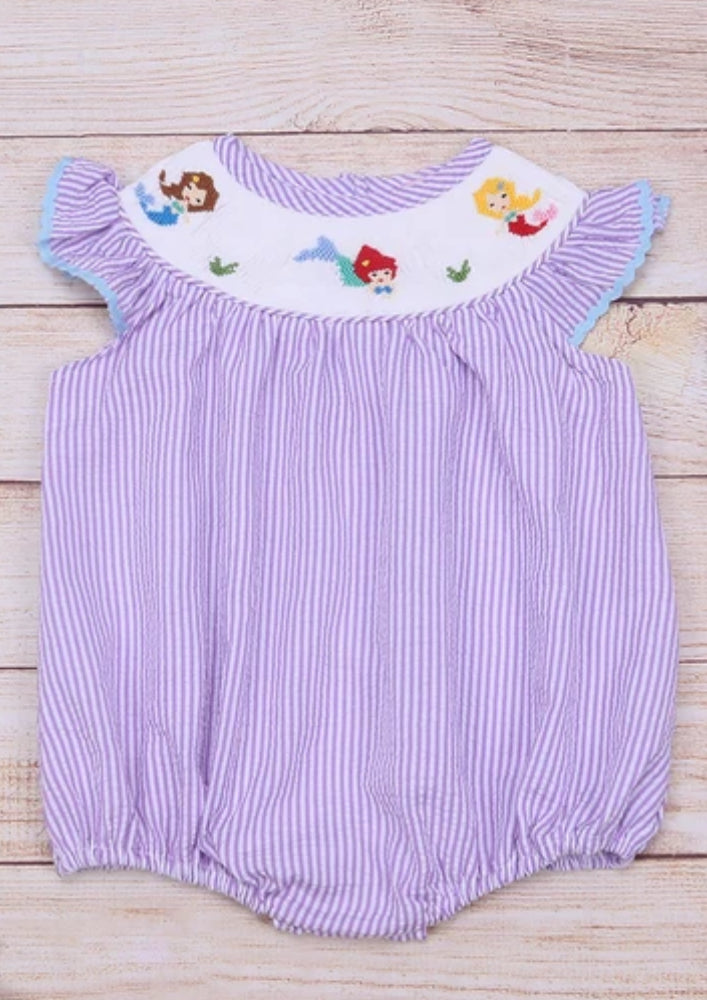 Purple Seersucker Smocked Mermaid Bubble
