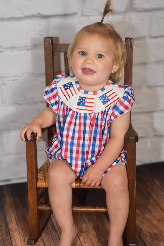 4th Of July American Flag Gingham Smocked Romper