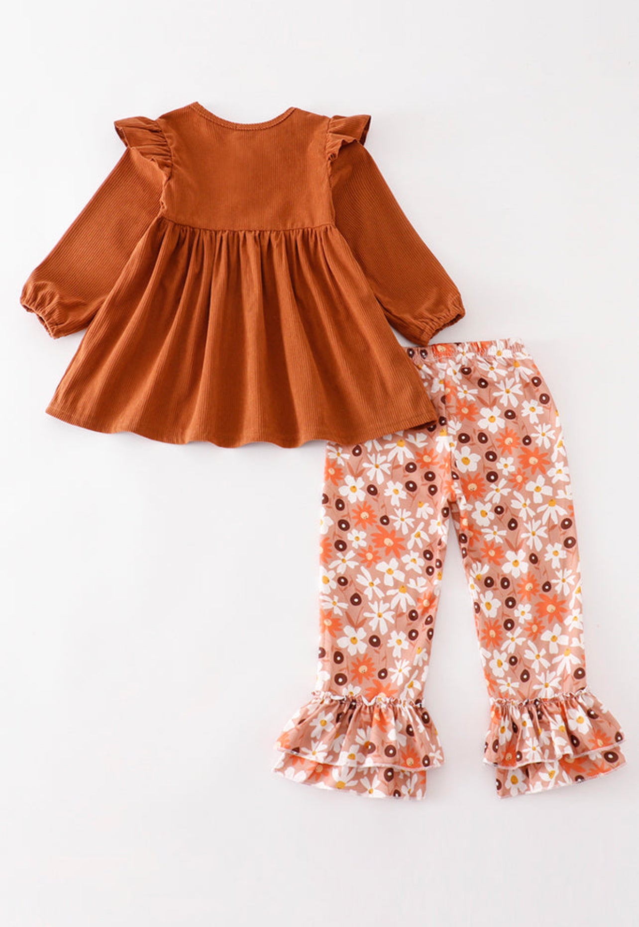 Brown Corduroy Floral Print Pants Set