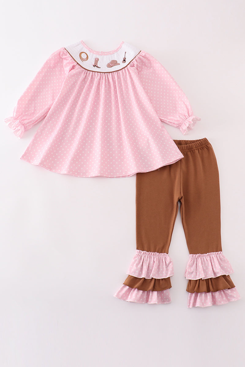 Pink Western Smocked Embroidery Pant Set