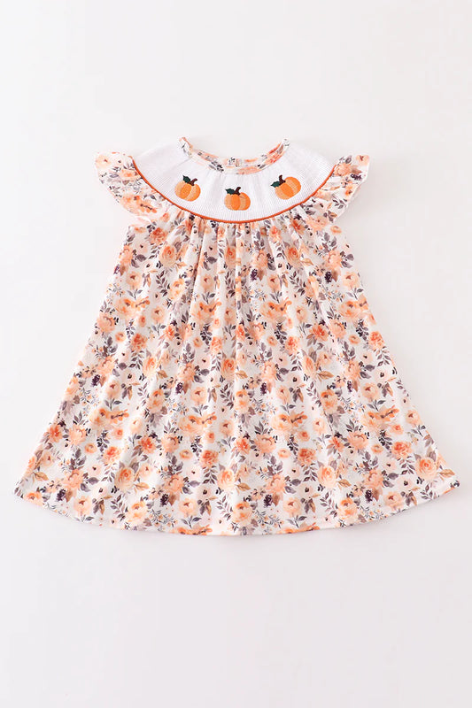 Orange Floral Pumpkin Embroidery Smoked Girl Dress