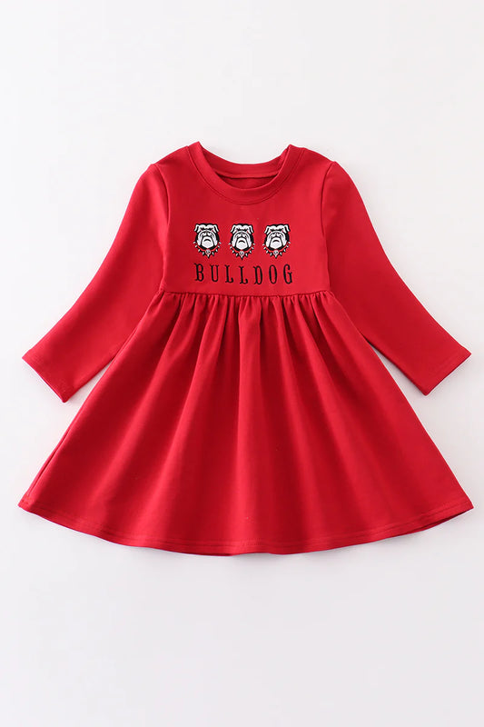 Bulldog Embroidery Girl Red Dress