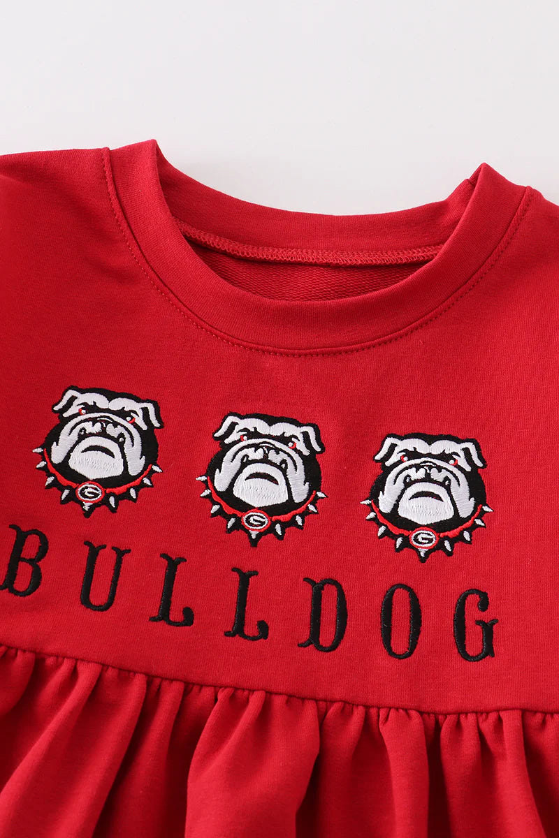 Bulldog Embroidery Girl Red Dress