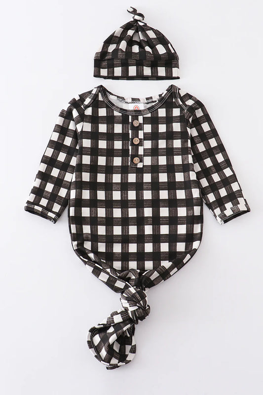 Black Plaid Bamboo Baby Gown Set with Hat