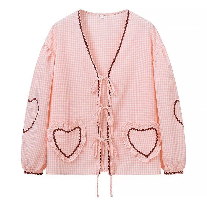 Ric Rac heart-inspired patching Gingham tie front blouse