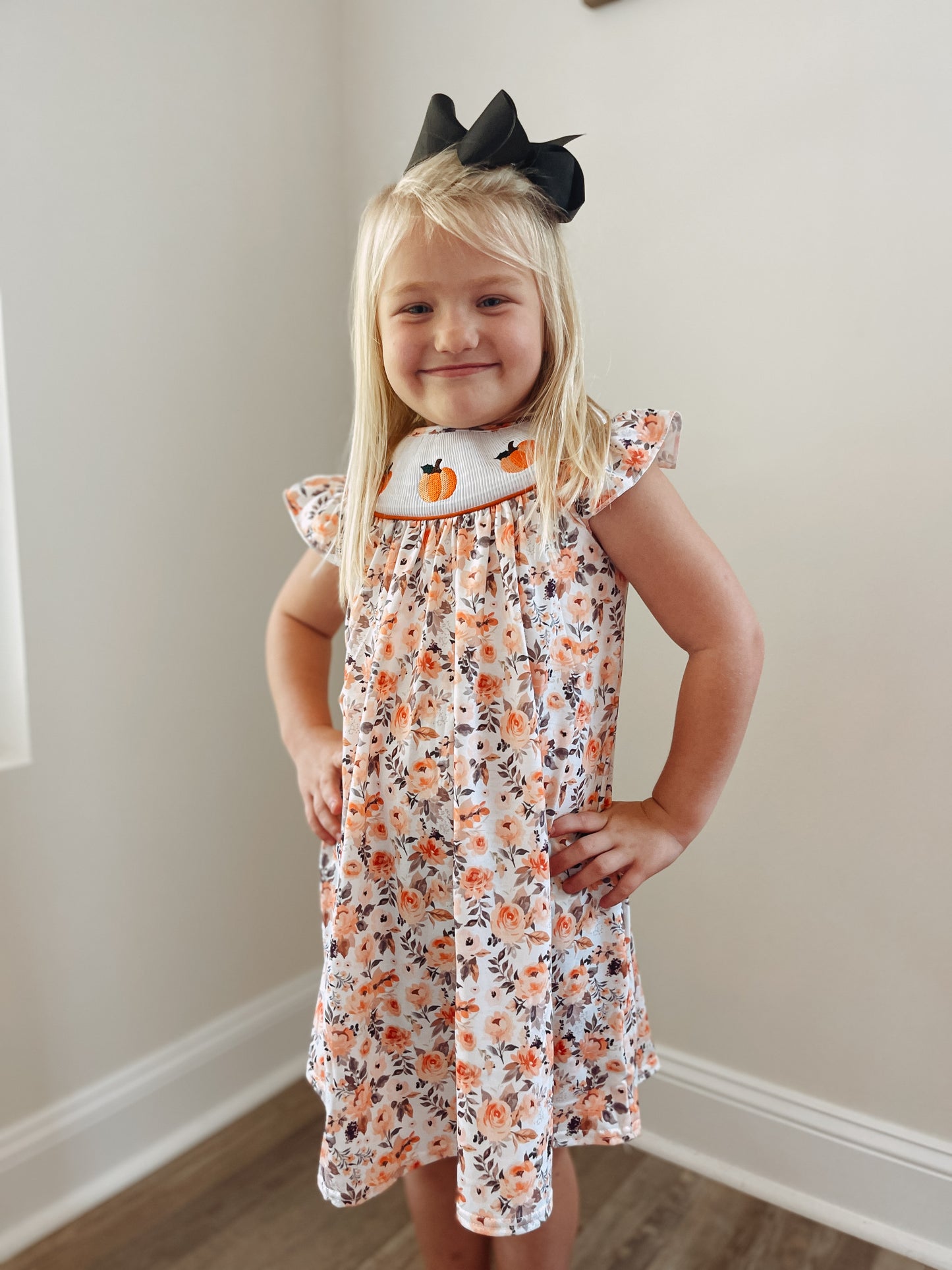 Orange Floral Pumpkin Embroidery Smoked Girl Dress