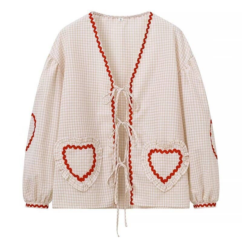 Ric Rac heart-inspired patching Gingham tie front blouse