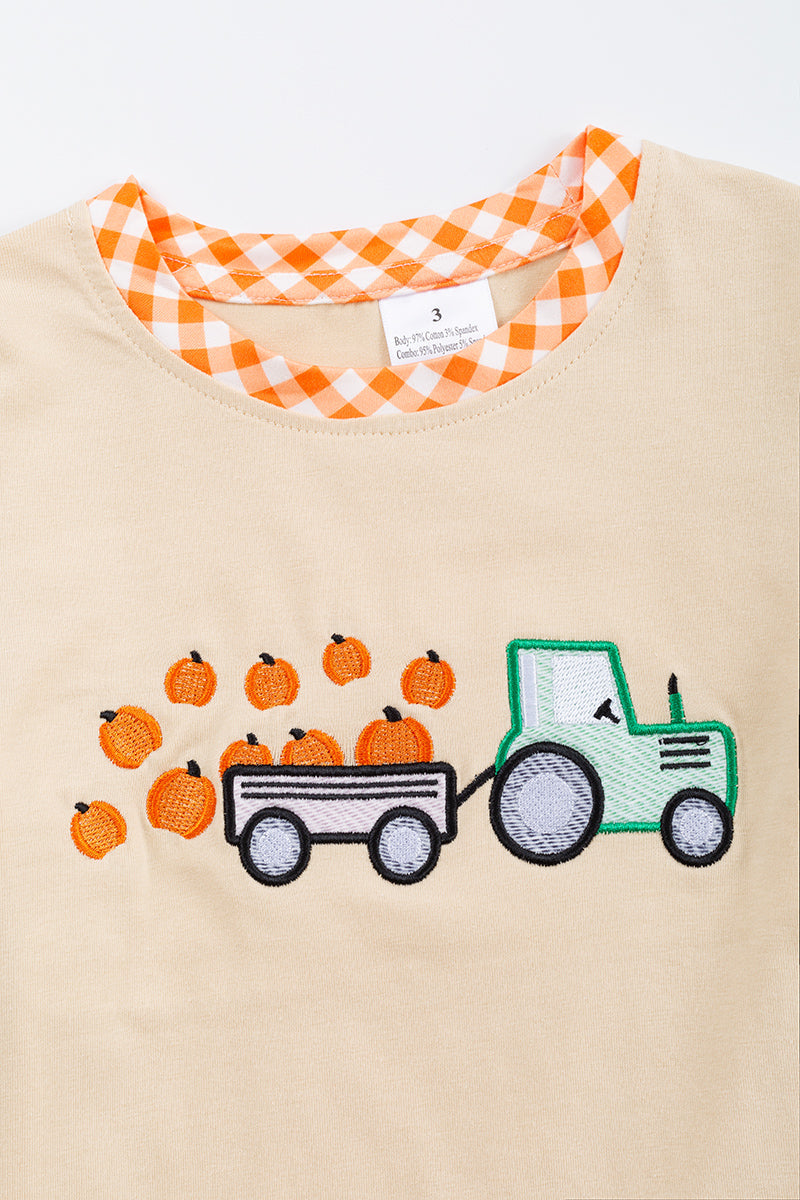 Beige Pumpkin Tractor Applique boy Shirt