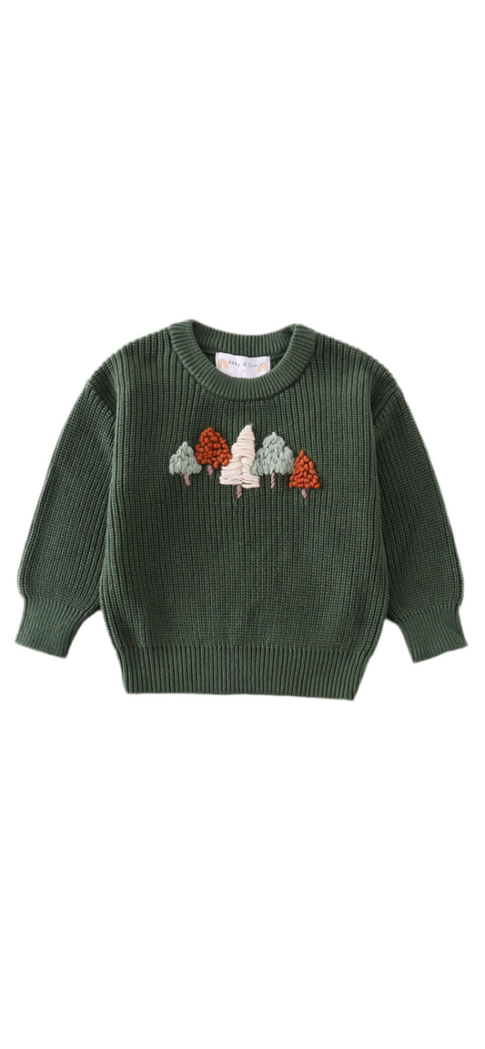 Embroidered Christmas Tree Green Sweater