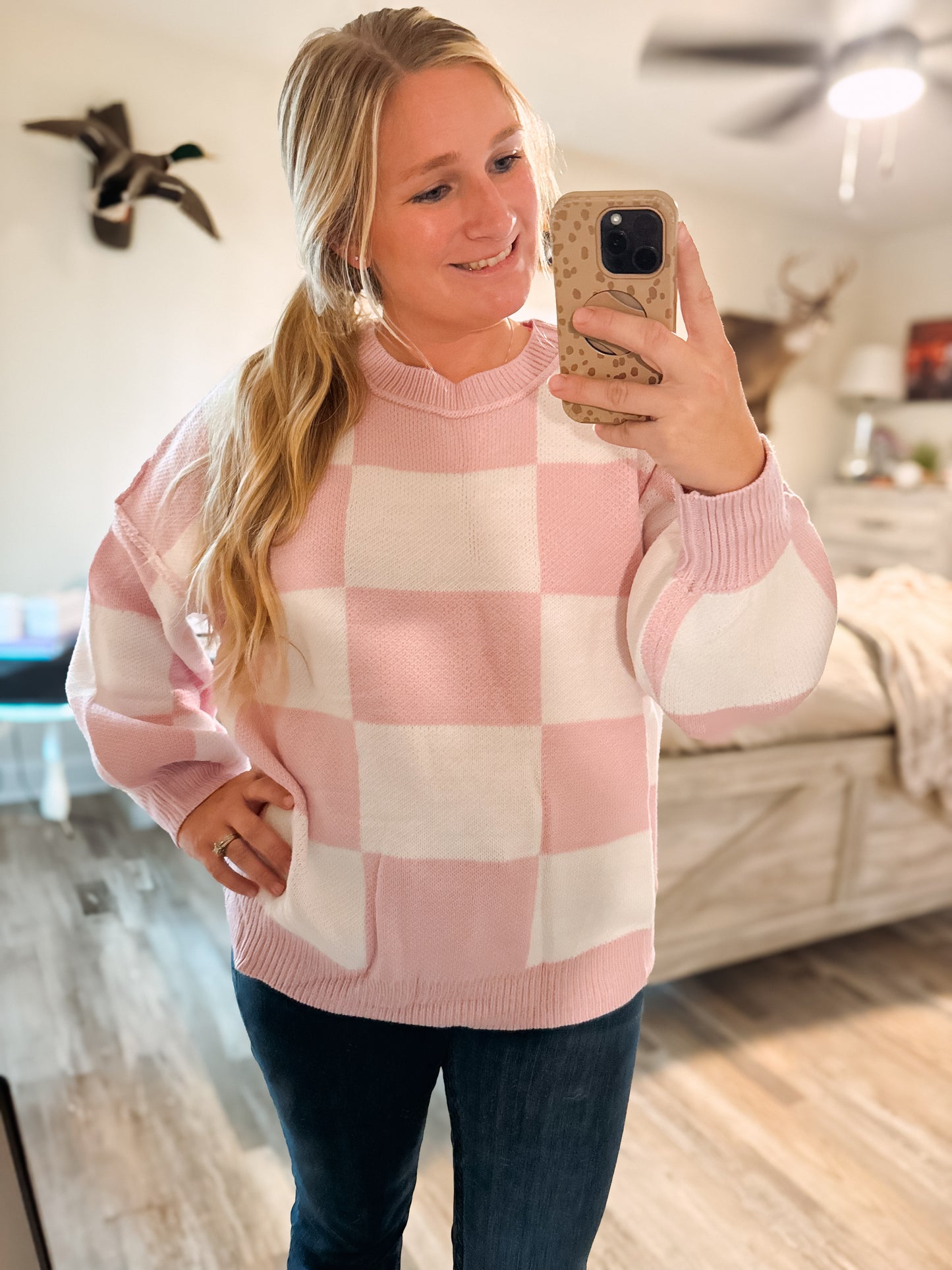 Pink Checkered Bishop Sleeve Sweater