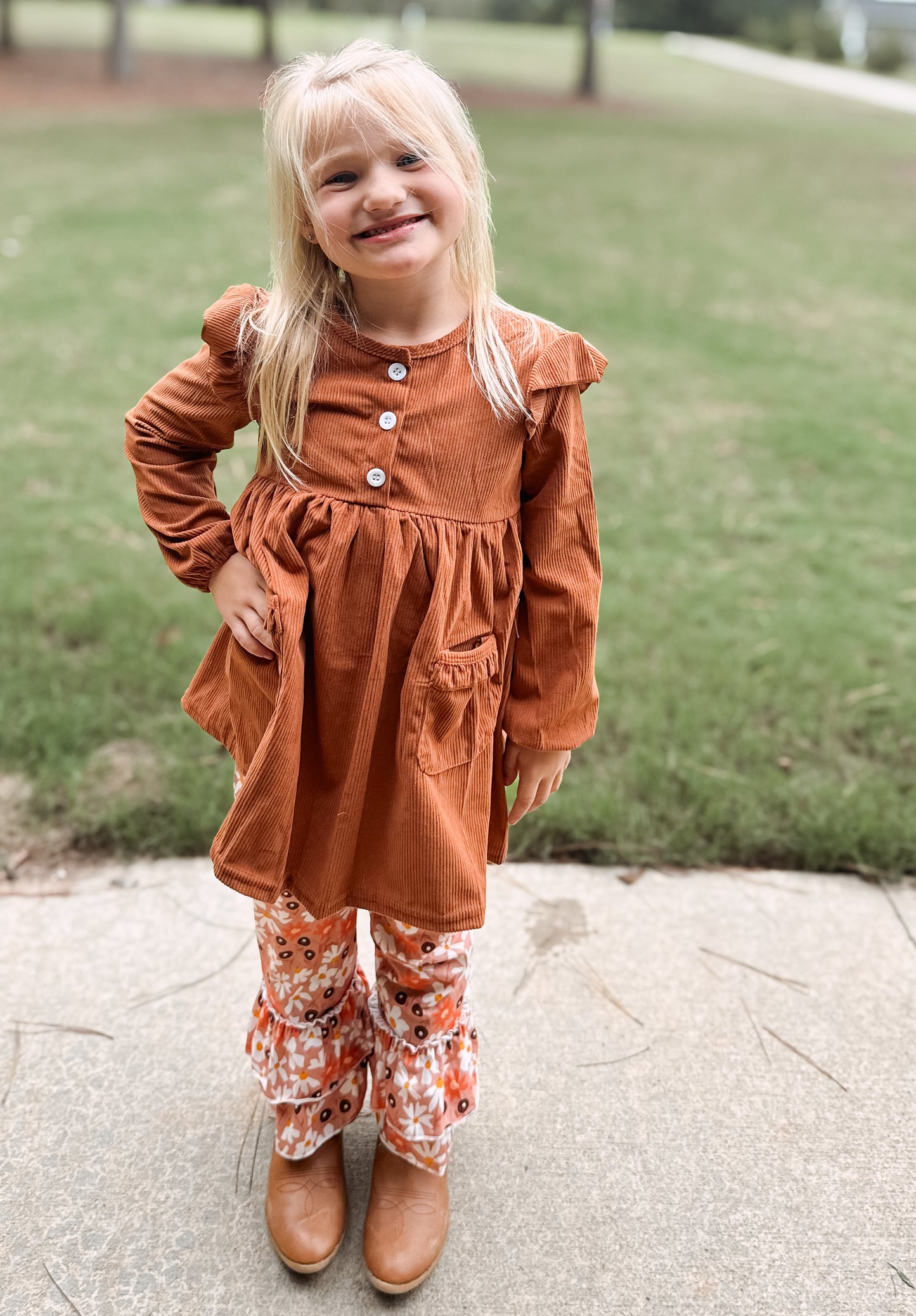 Brown Corduroy Floral Print Pants Set