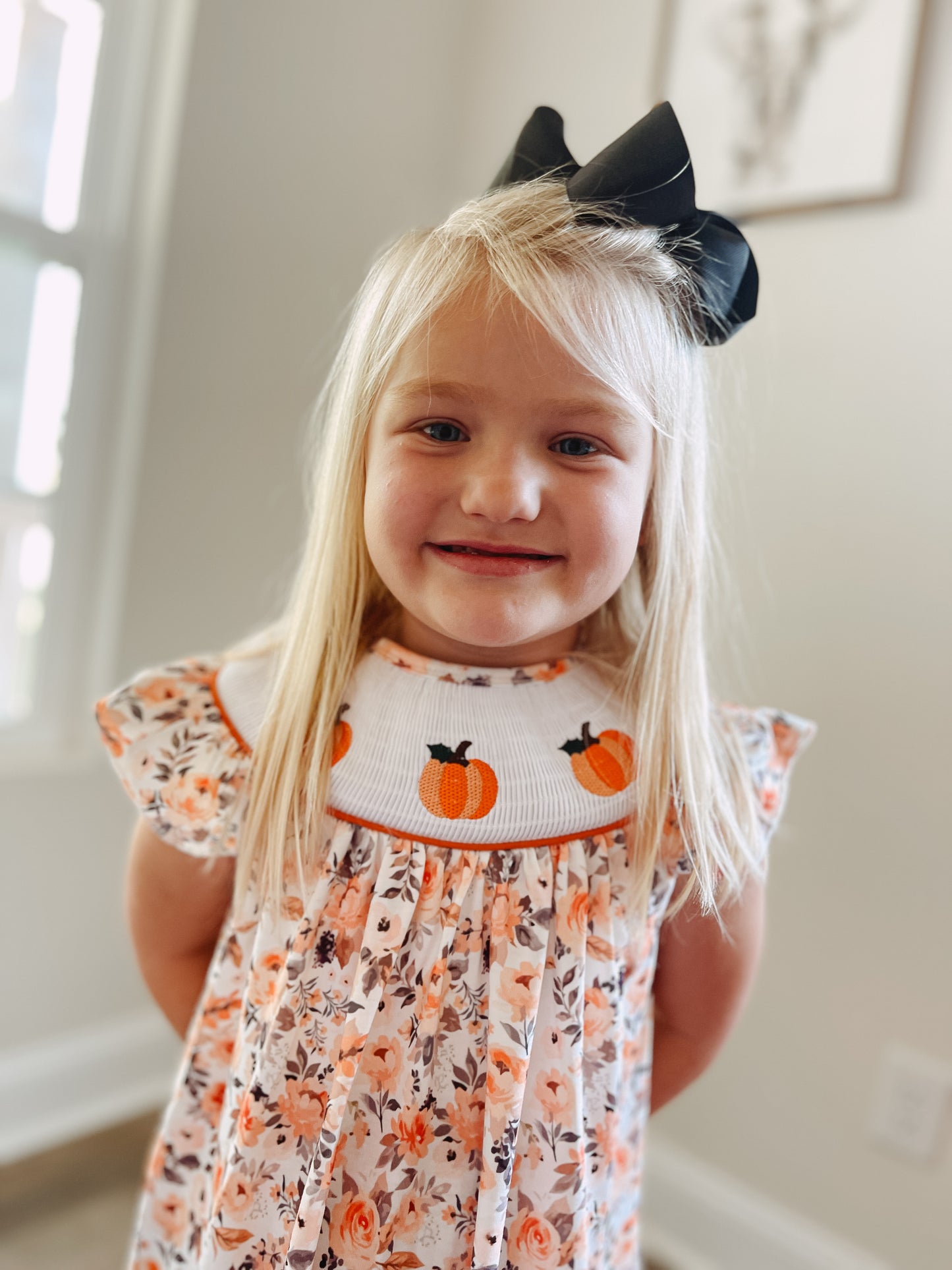 Orange Floral Pumpkin Embroidery Smoked Girl Dress