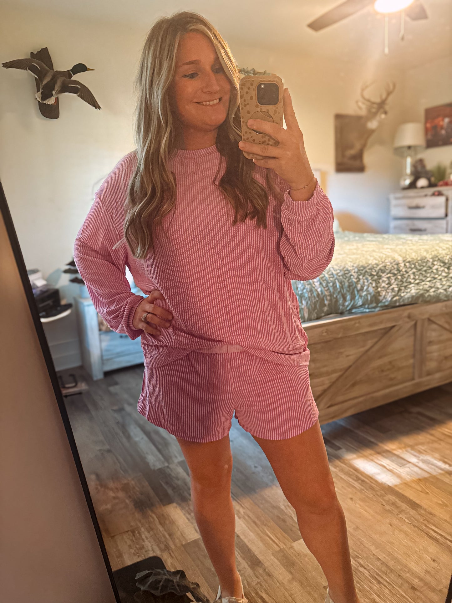 Pink Ribbed Textured Knit Long Sleeve Shirt and Shorts Set