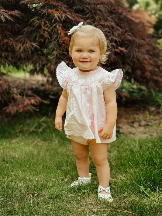 Light Pink Daisy Smocked Top and Bloomer 2 pc set