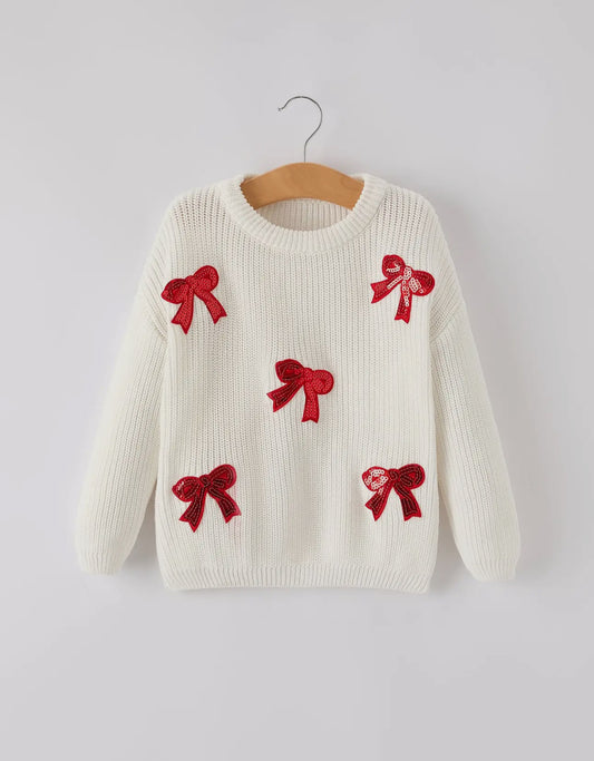 Red Sequin Bow White Sweater
