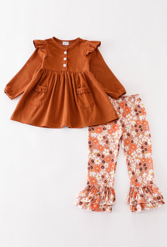 Brown Corduroy Floral Print Pants Set