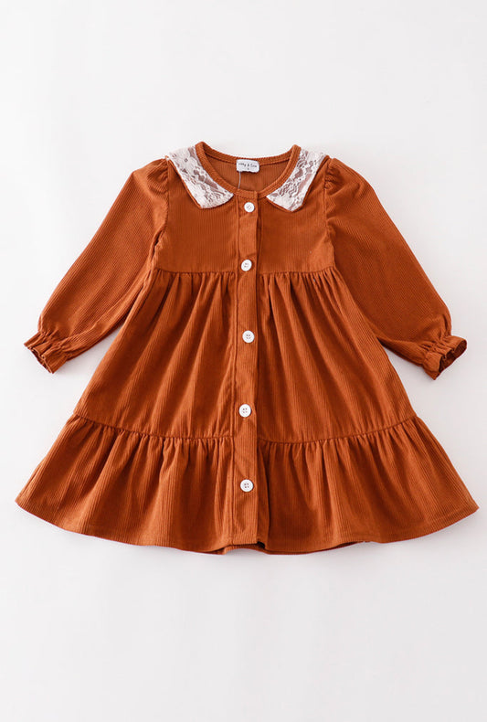 Brown Corduroy Lace Tiered Dress