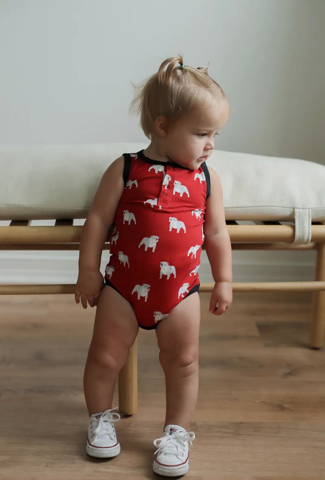 Red Bulldog Bamboo Henley Onesie with Snaps