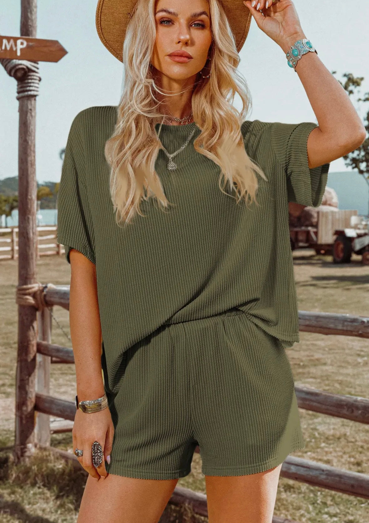 The Everyday Ribbed Textured Knit Shirt and Shorts Set - Olive