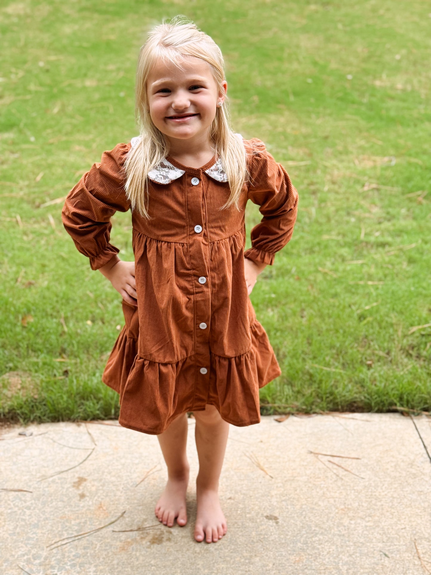 Brown Corduroy Lace Tiered Dress