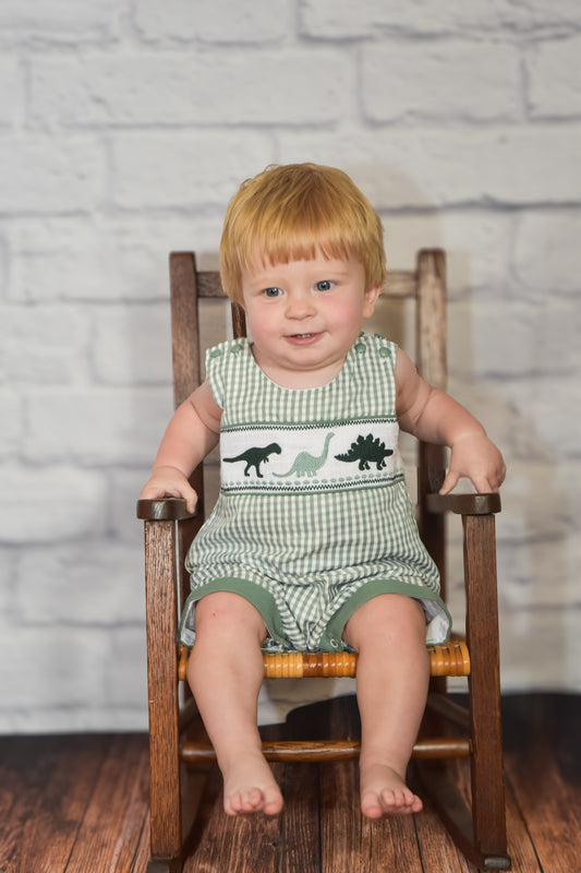 Green Gingham Dinosaur Smocked Shortalls