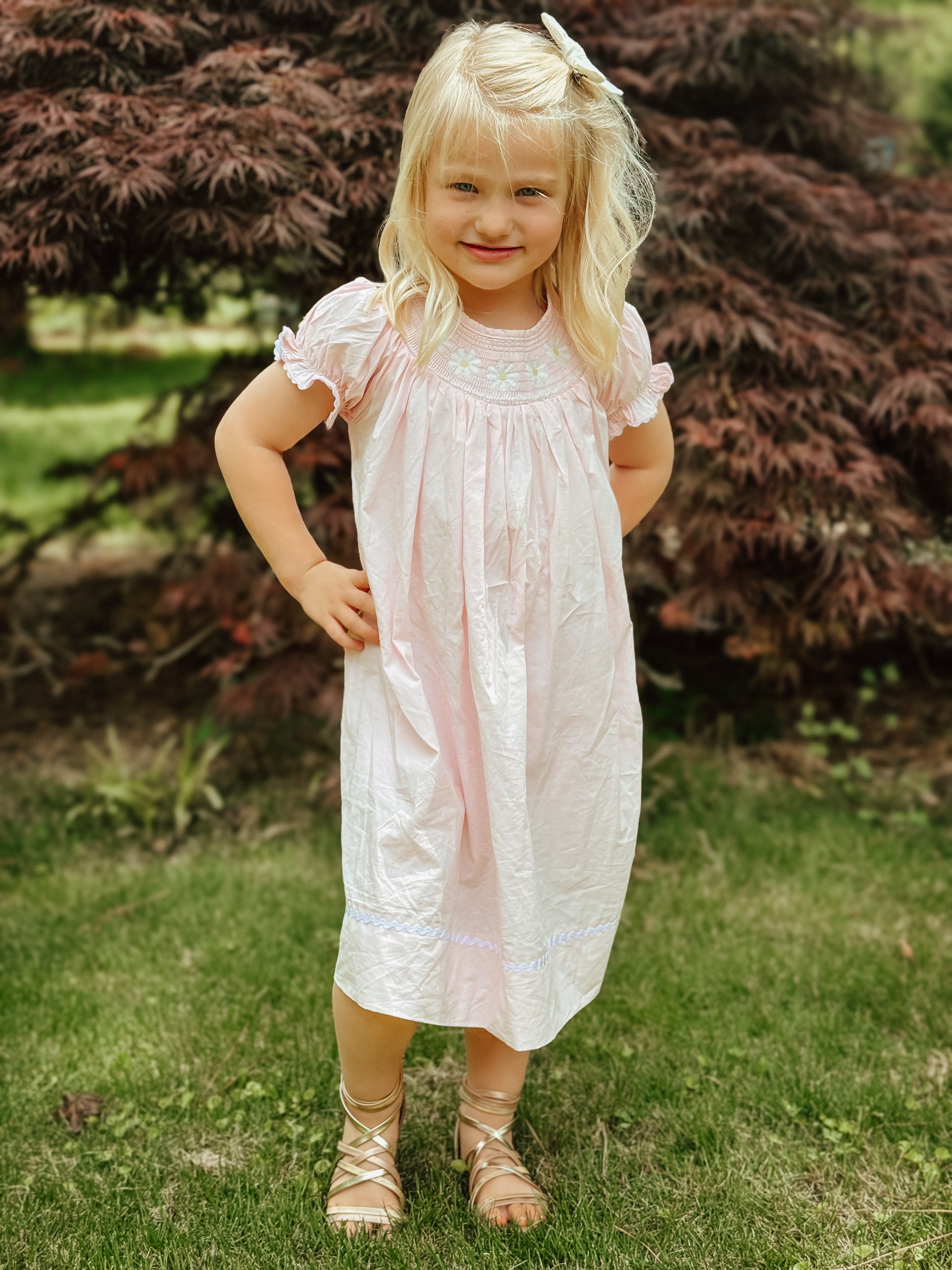 Light Pink Daisy Smocked Bishop Dress Southern Dimples Boutique Light Pink Daisy Smocked Bishop Dress Southern Dimples Boutique