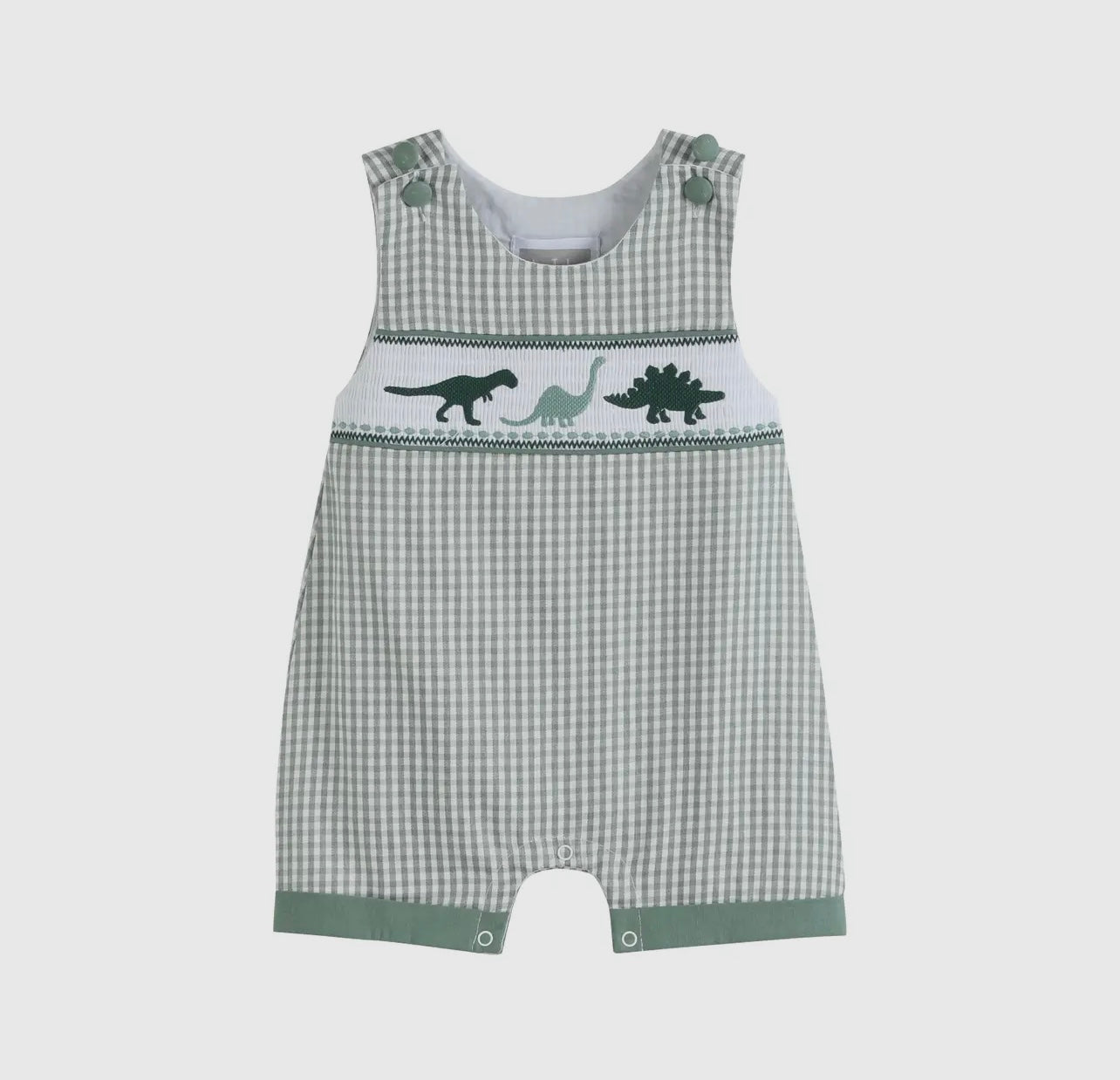 Green Gingham Dinosaur Smocked Shortalls