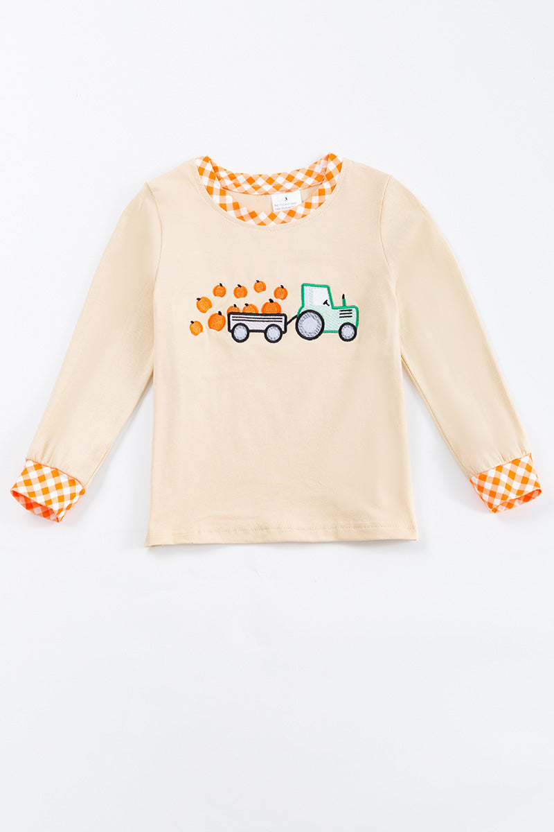 Beige Pumpkin Tractor Applique boy Shirt