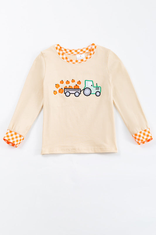 Beige Pumpkin Tractor Applique boy Shirt