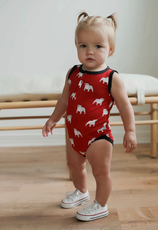 Red Bulldog Bamboo Henley Onesie with Snaps