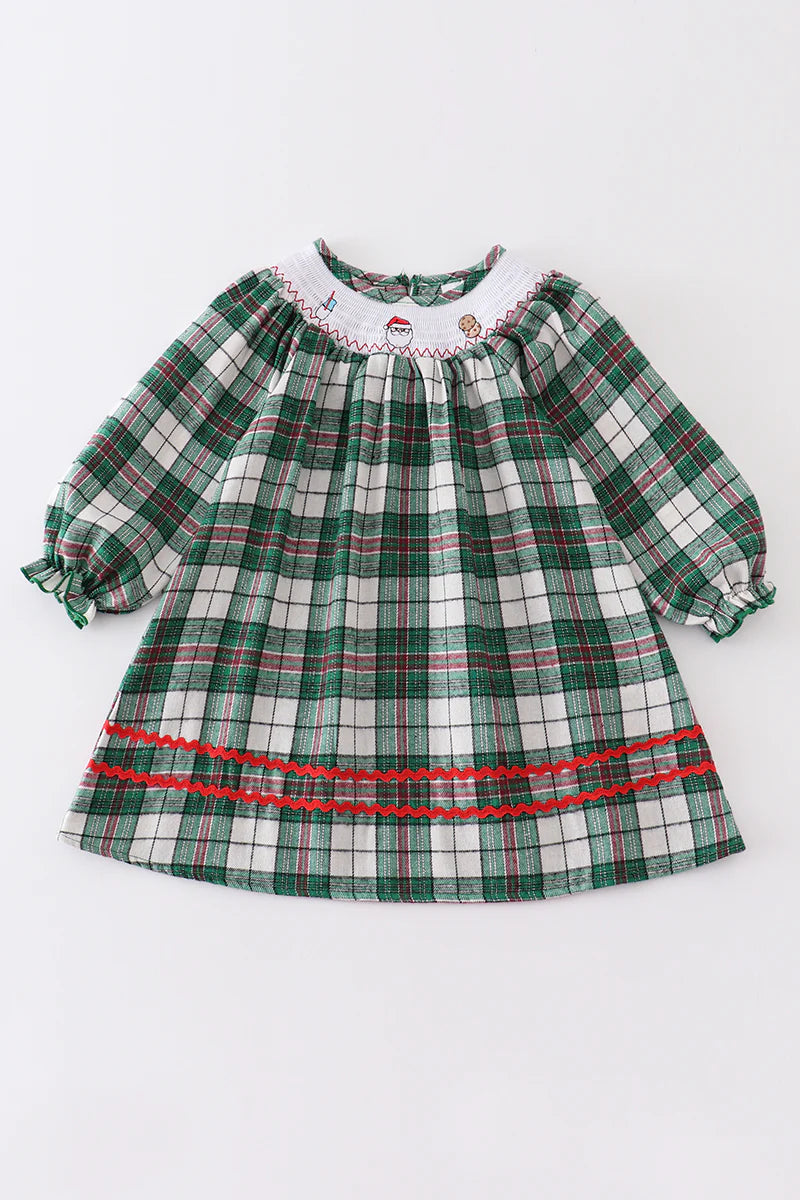 Green Plaid Santa Claus Smocked Girl Dress