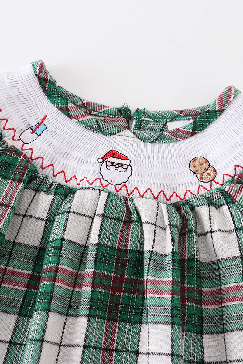 Green Plaid Santa Claus Smocked Girl Dress