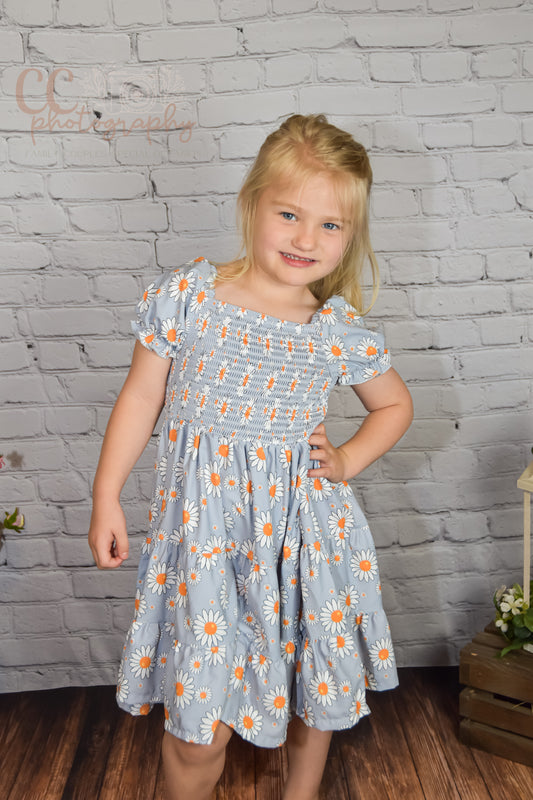 Blue Daisy Print Smocked Baby Girl Dress