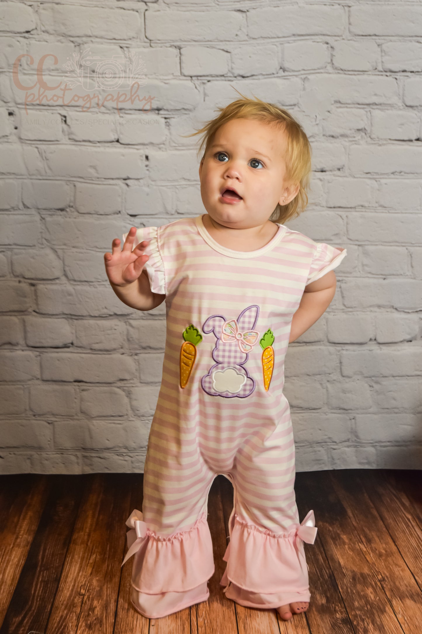 Pink Rabbit Carrot Applique Ruffle Girl Romper