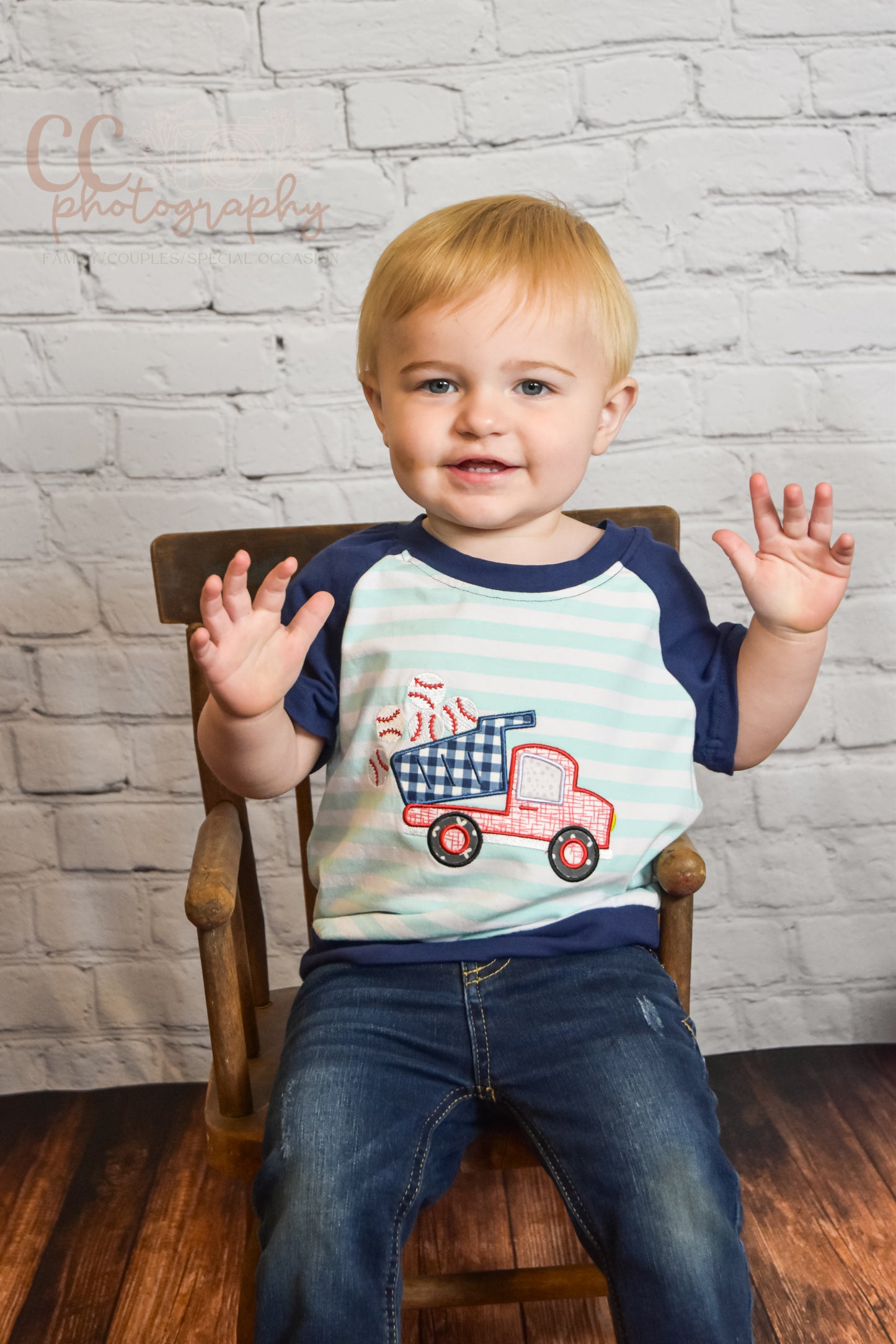 Boy Blue Striped Baseball Truck Applique Top