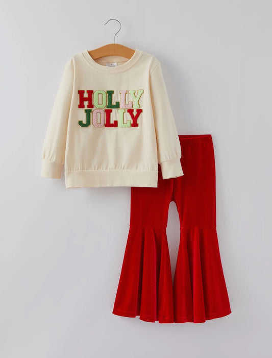 Holly Jolly Applique Bell-Bottom Pants Outfit Set