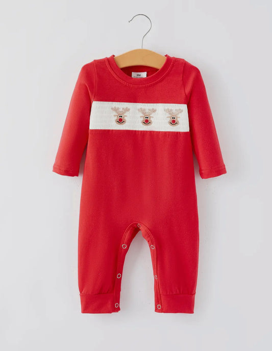 ** PRE ORDER** Christmas Reindeer Bow Red Smocking Embroidery romper