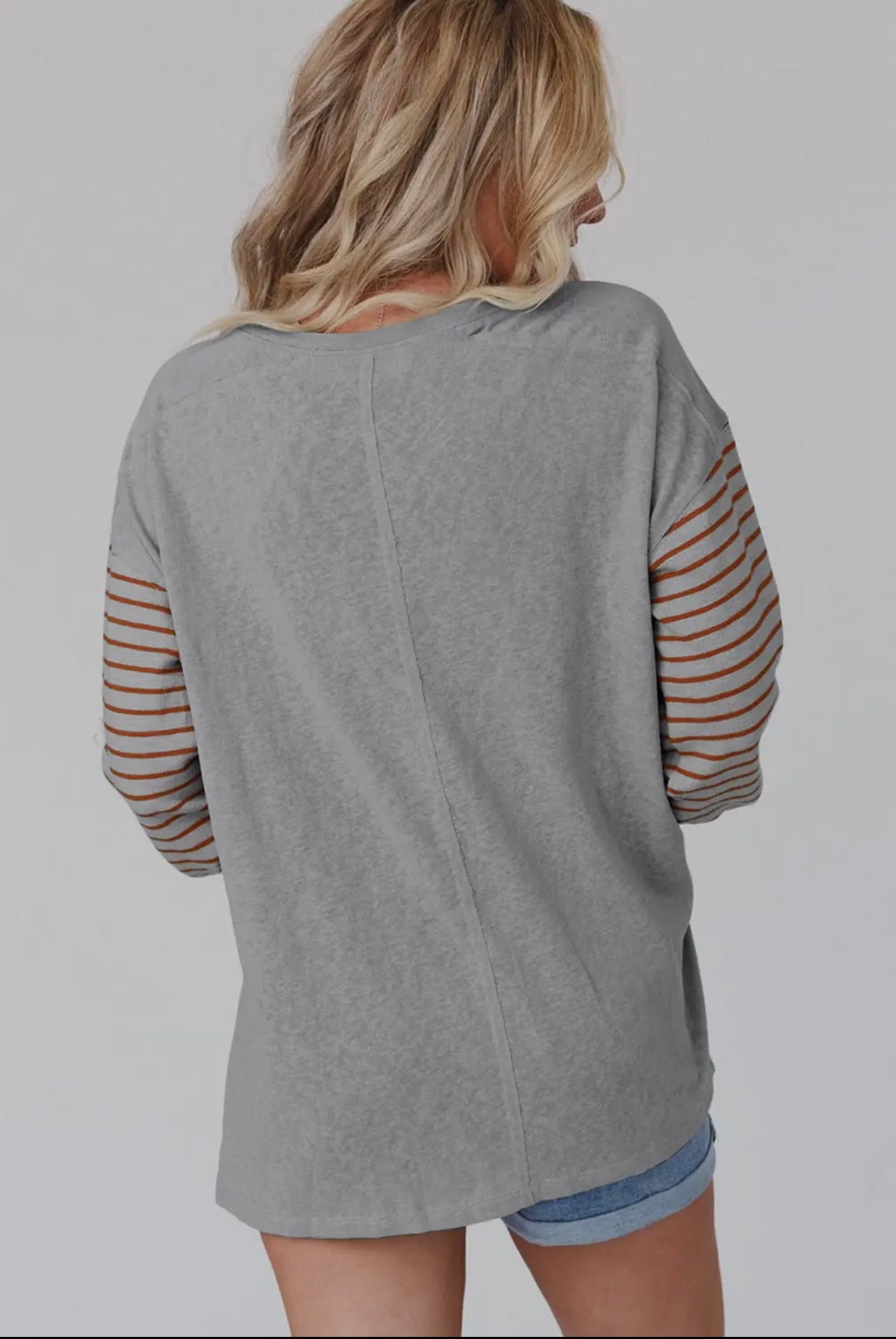 Stripe Bishop Sleeve Gray Top