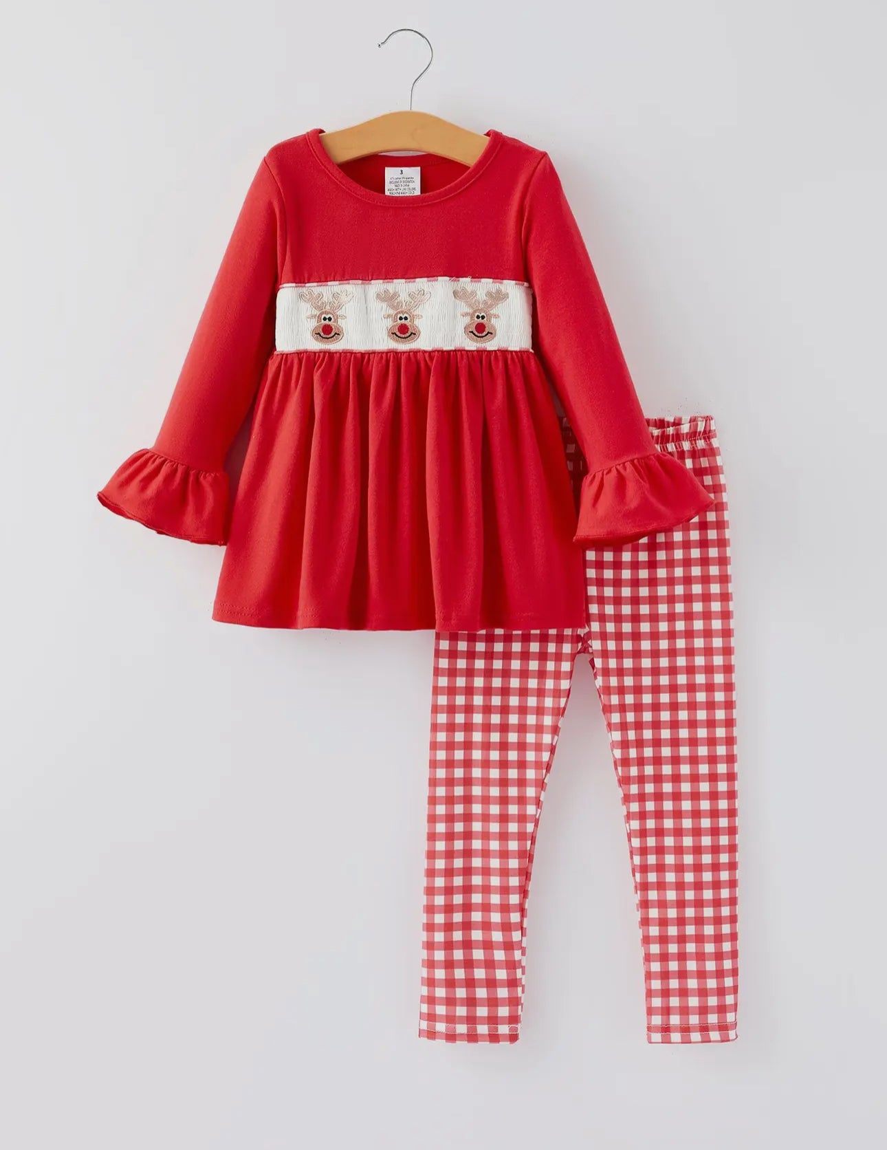 ** PRE ORDER** Christmas Reindeer Bow Red Smocking Embroidery Pants Set