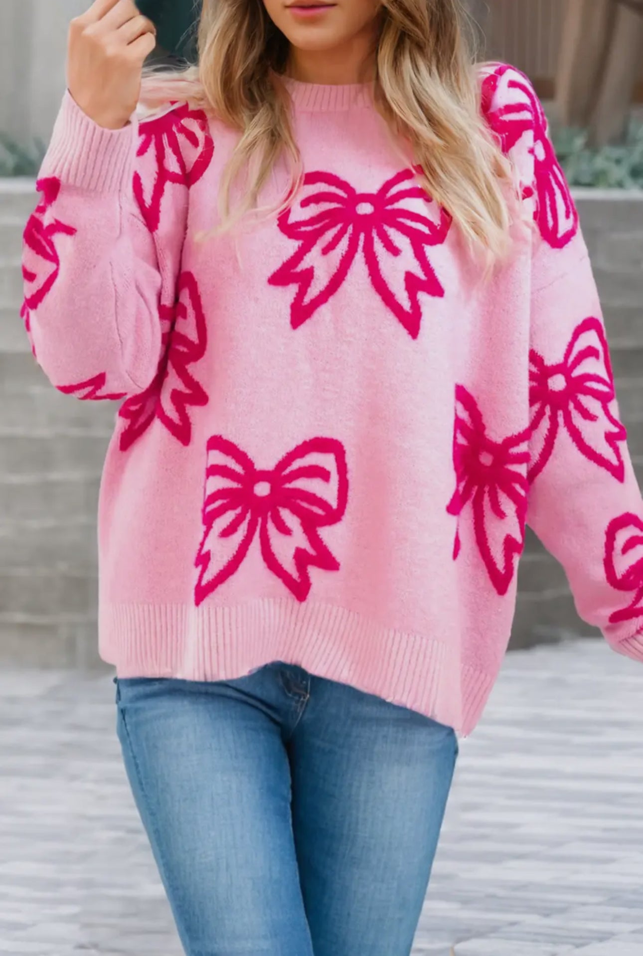 Pink Bow Drop Sleeve Sweater