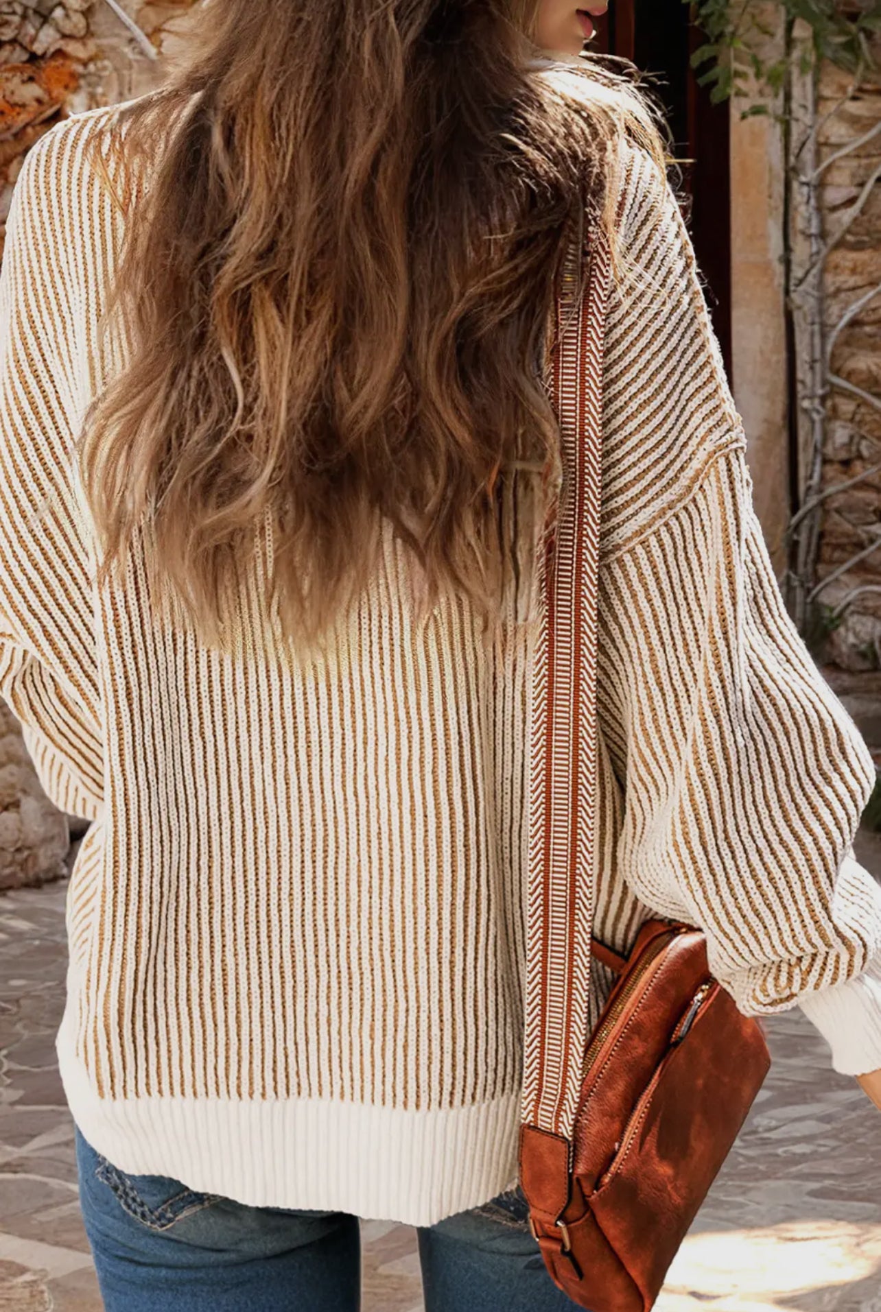 Texture Knit Edge Loose Chestnut Sweater