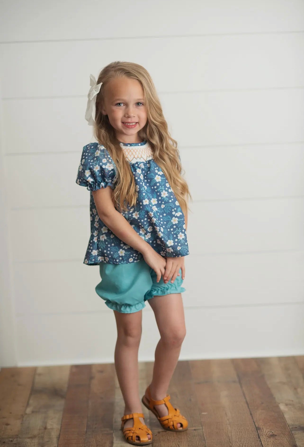 Navy Teal Smocked Spring Bloomer Set