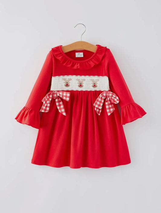 ** PRE ORDER** Christmas Reindeer Bow Red Smocking Embroidery Dress