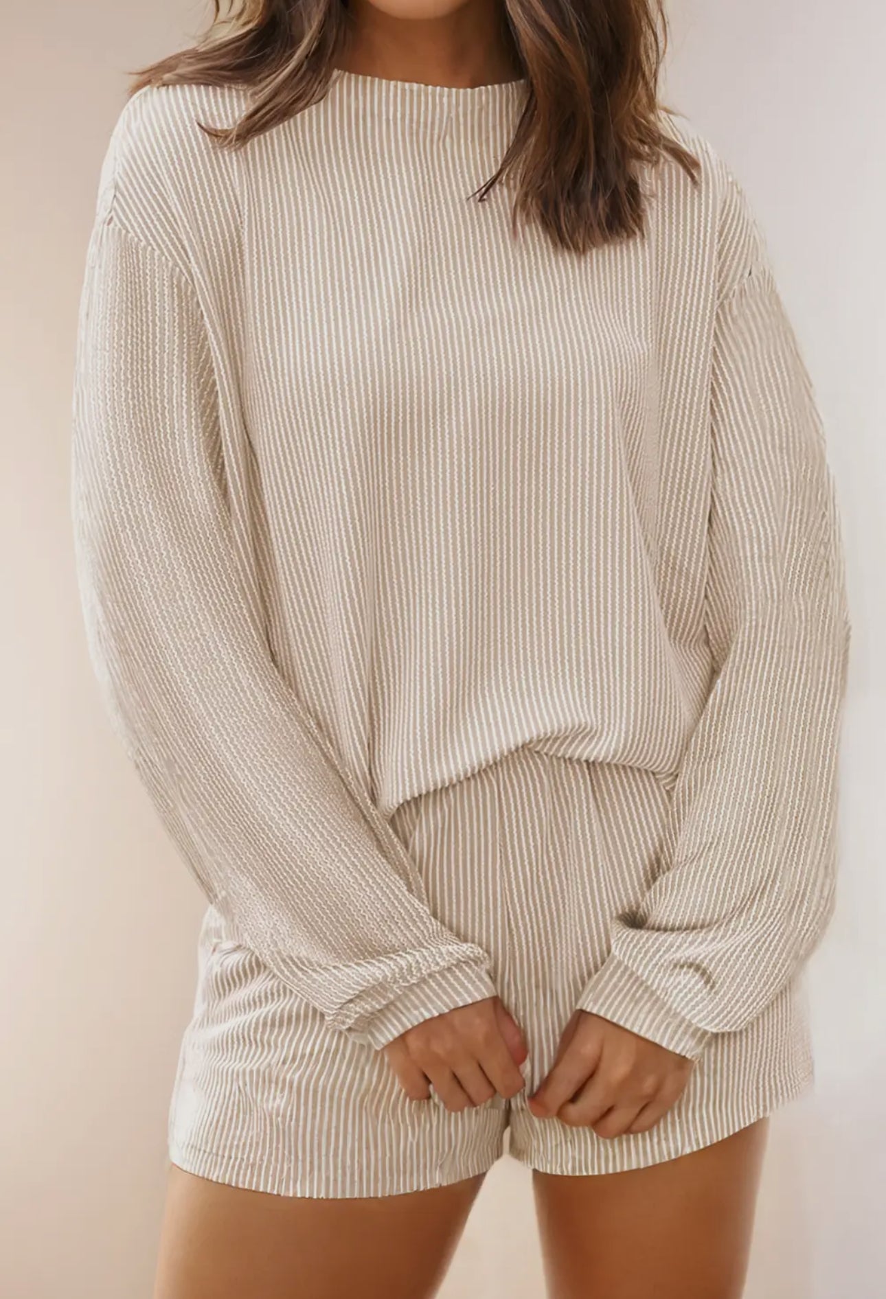 Beige Ribbed Textured Knit Long Sleeve Shirt and Shorts Set