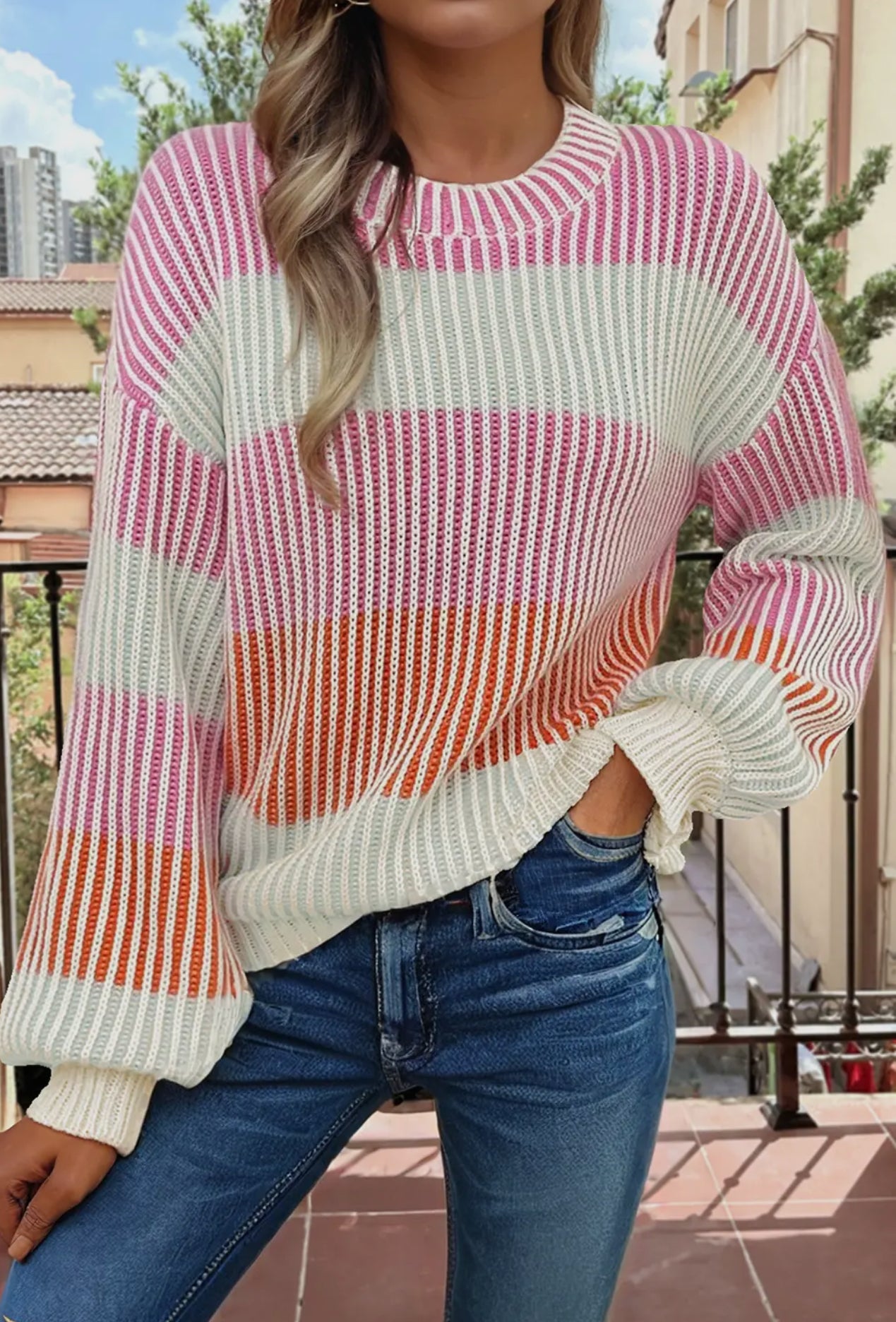 Pink Colorblock Lantern Sleeve Rib Knitted Sweater